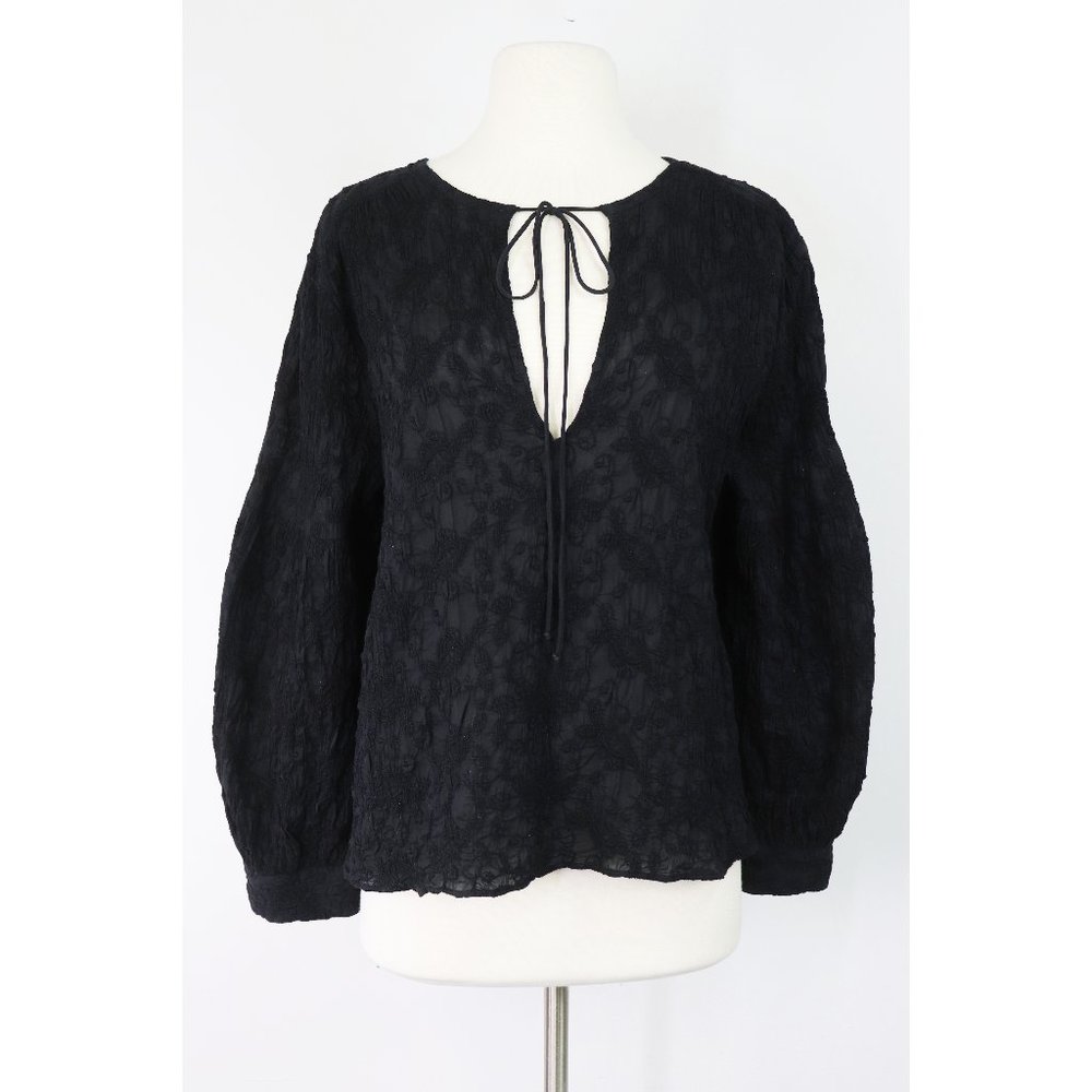 Nili Lotan Embroidered Gauze Peasant Blouse Long Balloon Sleeve Split Neck Top 8